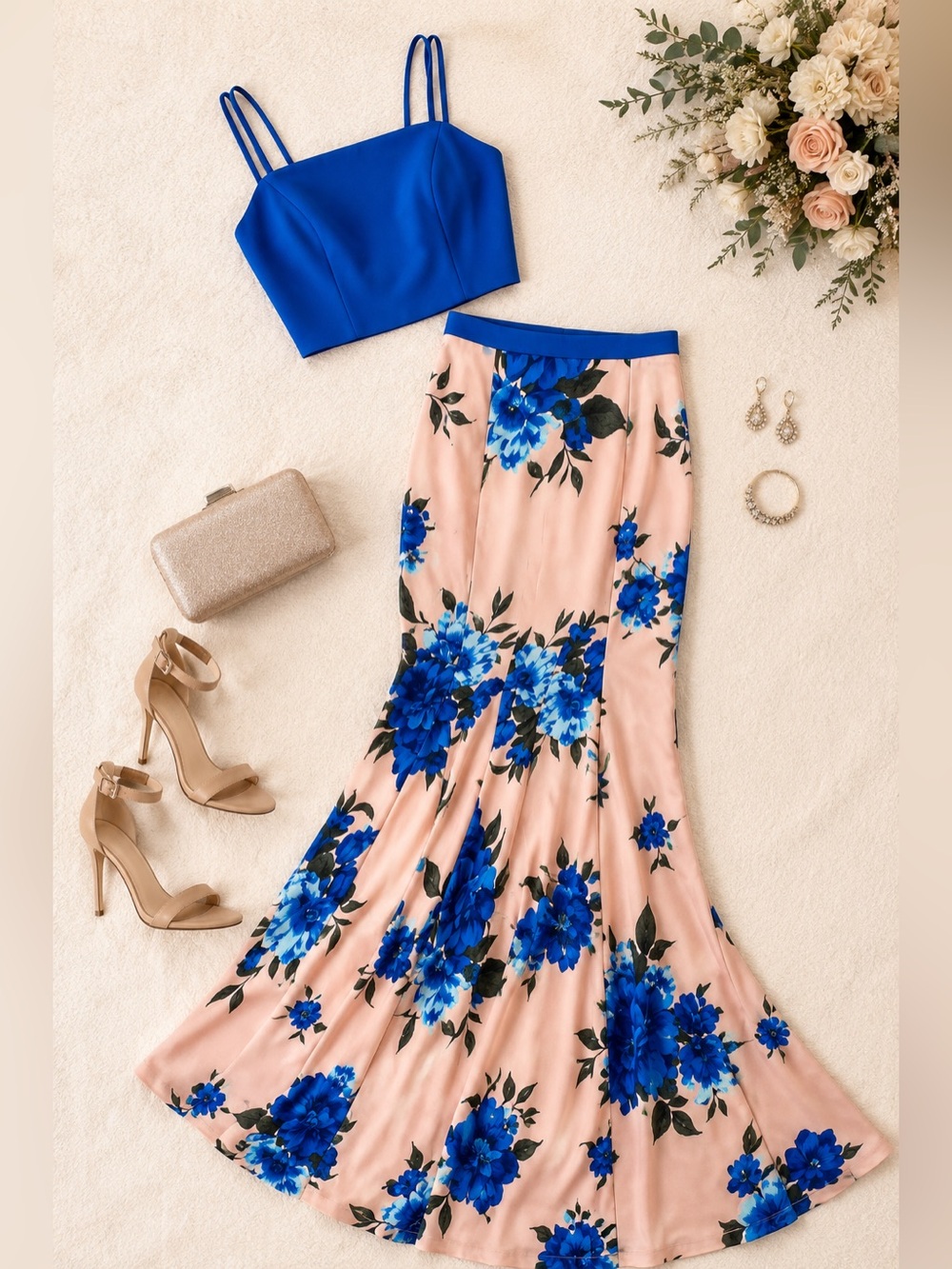 Blue Floral Mermaid Prom Dress 2 Piece Blush Pink Formal Gown Set M